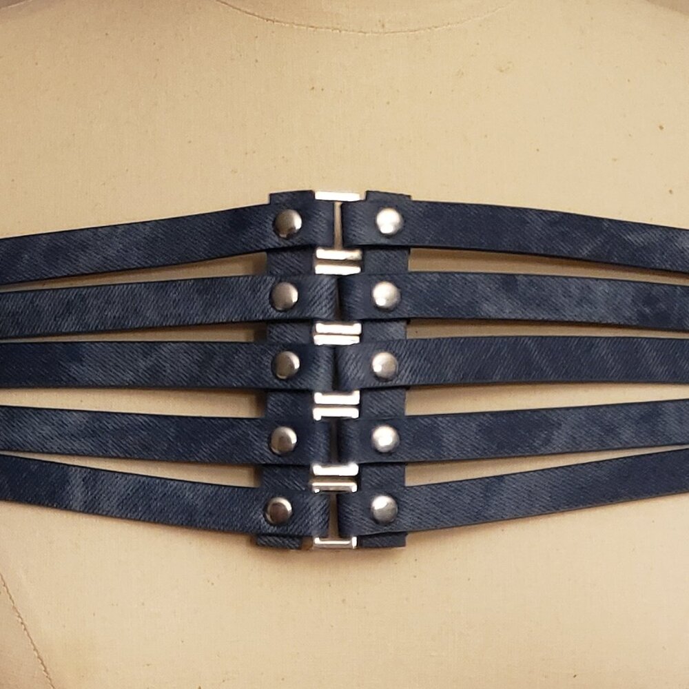 Faux Leather Denim/Jean Toned With Silver Stretch Belt.